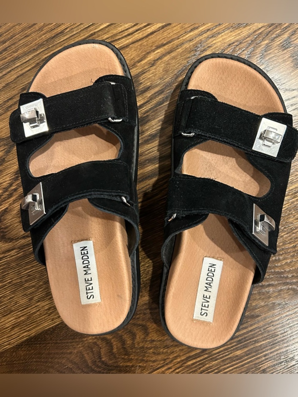 Steve Madden Big Schmona Black Suede Double Buckle Platform Slide Sandals Size 6